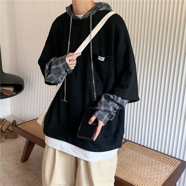 autumn ins color contrast fashion brand fake two-piece sweater men's hooded korean fashion loose couple jacket, Black
autumn ins color contrast fashion brand fake two-piece sweater men's hooded korean fashion loose couple jacket, Black