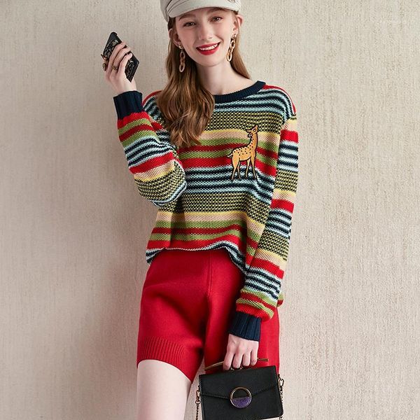2020 autumn rainbow striped women loose sweater pullovers runway brand designer embroidery deer o-neck casual knitted b0711, White;black
2020 autumn rainbow striped women loose sweater pullovers runway brand designer embroidery deer o-neck casual knitted b0711, White;black