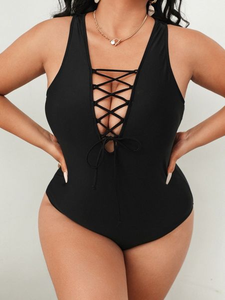 plus lace-up front one piece swimsuit j56s#, Black