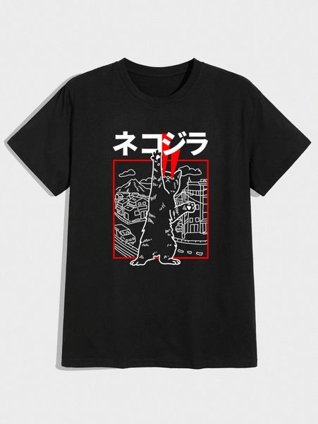 romwe guys cartoon cat graphic tee v4ou#, White;black