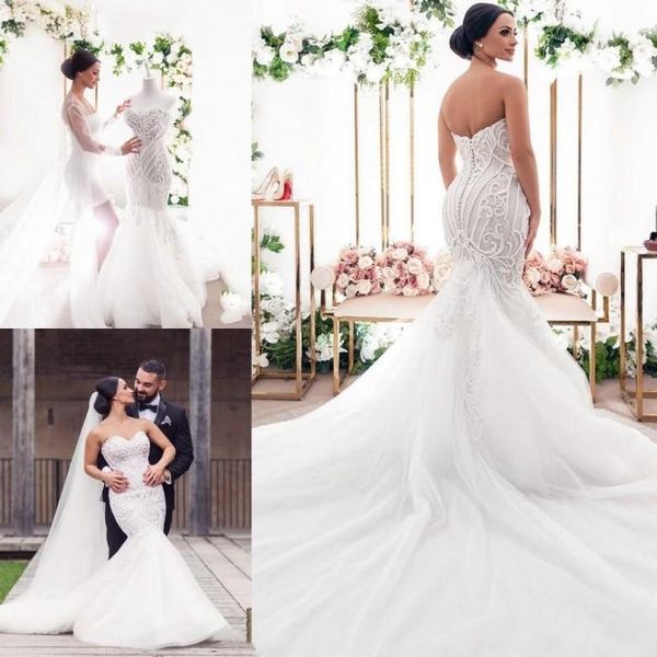 formal mermaid wedding dresses lace applique robes de mariée with buttons back tulle sweep train beach bridal gowns robe de mariee, White
formal mermaid wedding dresses lace applique robes de mariée with buttons back tulle sweep train beach bridal gowns robe de mariee, White