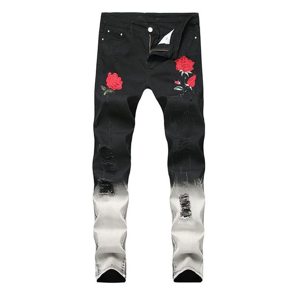 men's jeans flower print casual slim fit ragged denim rose men trousers hole ruined ripped holes straight, Blue
men's jeans flower print casual slim fit ragged denim rose men trousers hole ruined ripped holes straight, Blue