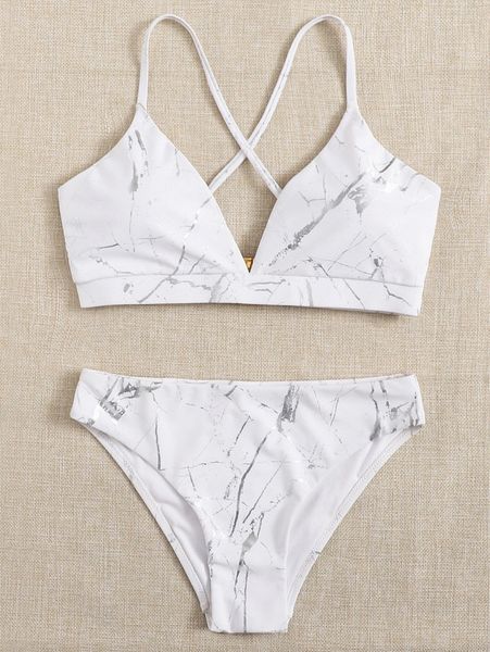 marble pattern criss cross bikini swimsuit b9at#, White;black 
marble pattern criss cross bikini swimsuit b9at#, White;black