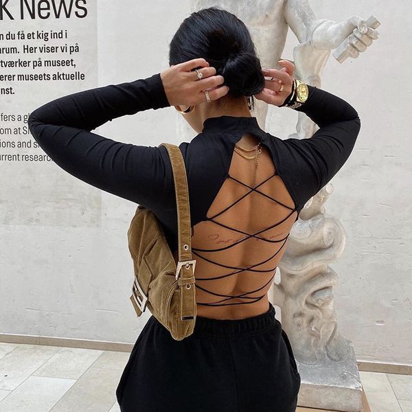 2020 explosion models round neck long sleeve backless straps slim t-shirt women, White
2020 explosion models round neck long sleeve backless straps slim t-shirt women, White