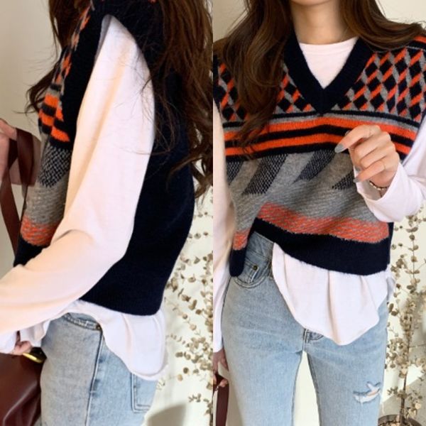 style ins early autumn new color vest sweatert-shirt sweatercontrast jacquard v-neck loose and versatile sweater vest long sleeve tee t-shir, Gray
style ins early autumn new color vest sweatert-shirt sweatercontrast jacquard v-neck loose and versatile sweater vest long sleeve tee t-shir, Gray