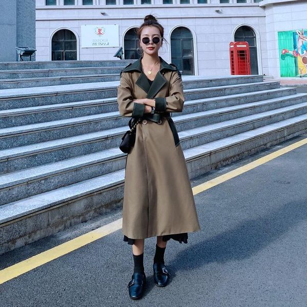 women's windbreaker 2021 spring autumn new long korean loose hit color stitching fashionable h-shaped lapel trench coat female1a, Tan;black
women's windbreaker 2021 spring autumn new long korean loose hit color stitching fashionable h-shaped lapel trench coat female1a, Tan;black