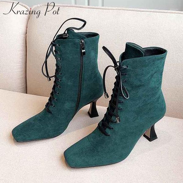 boots krazing pot french elegant lace up square toe high heels stretch flock side zip winter women brand fashion solid ankle l011, Black
boots krazing pot french elegant lace up square toe high heels stretch flock side zip winter women brand fashion solid ankle l011, Black