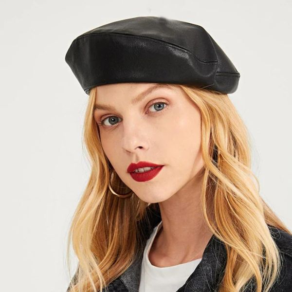 berets haimeikang for women vintage beret hat solid color faux pu leather cap french warm beanie fashion winter lady, Blue;gray 
berets haimeikang for women vintage beret hat solid color faux pu leather cap french warm beanie fashion winter lady, Blue;gray