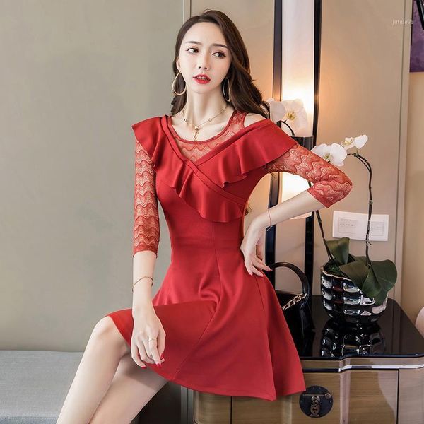 #5457 spring summer false two piece short dress women o neck ruffles pleated mini dress three quarter sleeve spliced lace1, Black;gray
#5457 spring summer false two piece short dress women o neck ruffles pleated mini dress three quarter sleeve spliced lace1, Black;gray