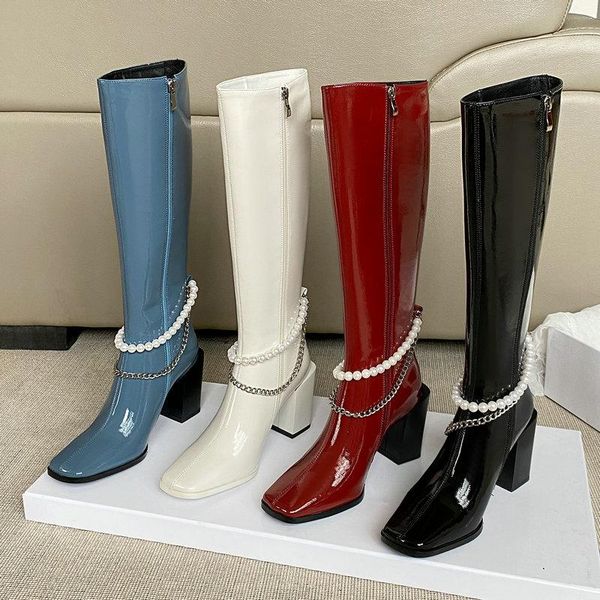 boots women genuine leather knee high fashion pearl chain knight female thick hee square toe autumn women's shoes, Black
boots women genuine leather knee high fashion pearl chain knight female thick hee square toe autumn women's shoes, Black