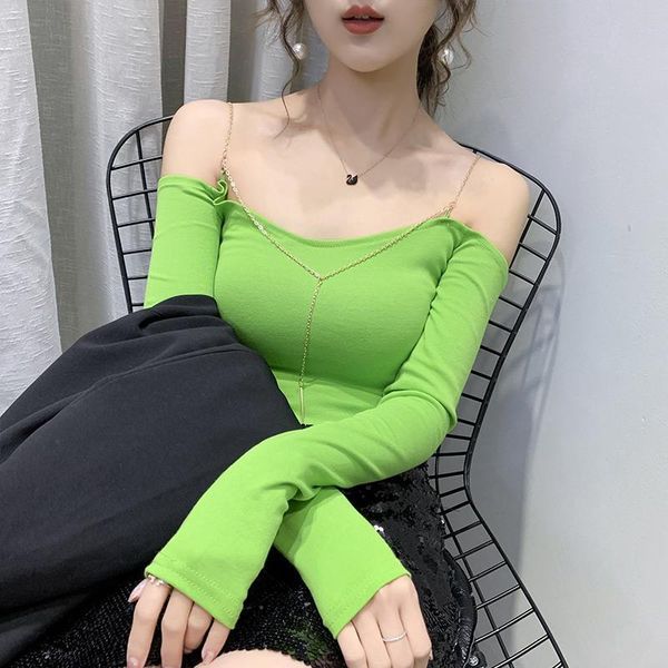 women's t-shirt female fashion chain sling shoulder strapless clavicle women bottoming shirt solid color long-sleeved, White
women's t-shirt female fashion chain sling shoulder strapless clavicle women bottoming shirt solid color long-sleeved, White