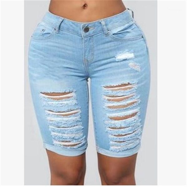 

women's jeans 2021 woman summer high waist stretch knee length shorts for women wrap hip skinny ripped denim short jean bottoms1, Blue