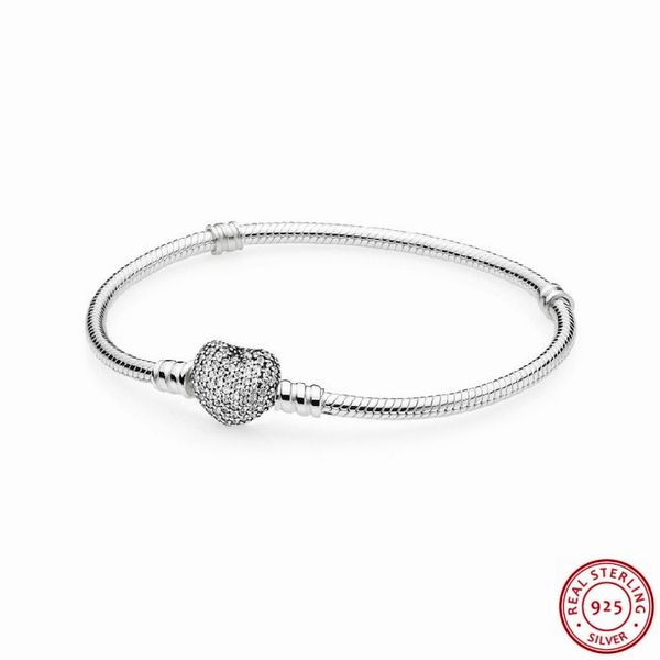 

valentines day gift real 925 sterling silver romantic pave heart clasp bracelets for women jewelry clear cz engraved flb020 1028, Black