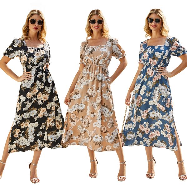 independent station 2020 european and american womens clothing summer new printed square collar high waist dress, Black;gray
independent station 2020 european and american womens clothing summer new printed square collar high waist dress, Black;gray