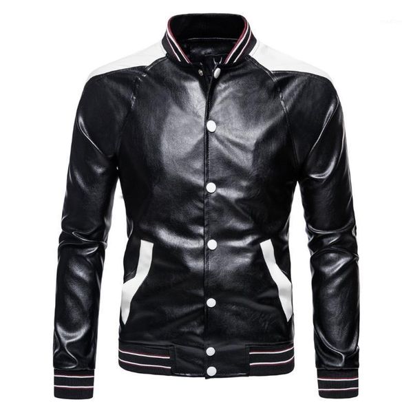 men's new leather long sleeve stand collar pocket button color matching personality locomotive spring autumn male coat1, Black
men's new leather long sleeve stand collar pocket button color matching personality locomotive spring autumn male coat1, Black