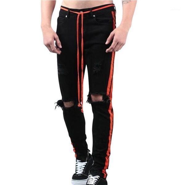 men slim fit knee hole hip hop skinny jeans fashion side white stripe distressed ripped stretch streetwear denim trousers1, Blue
men slim fit knee hole hip hop skinny jeans fashion side white stripe distressed ripped stretch streetwear denim trousers1, Blue
