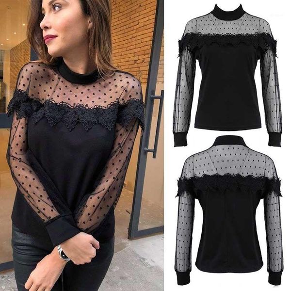 women long sleeve lace mesh stretchy polka dot shirt casual patchwork loose blouse1, White
women long sleeve lace mesh stretchy polka dot shirt casual patchwork loose blouse1, White