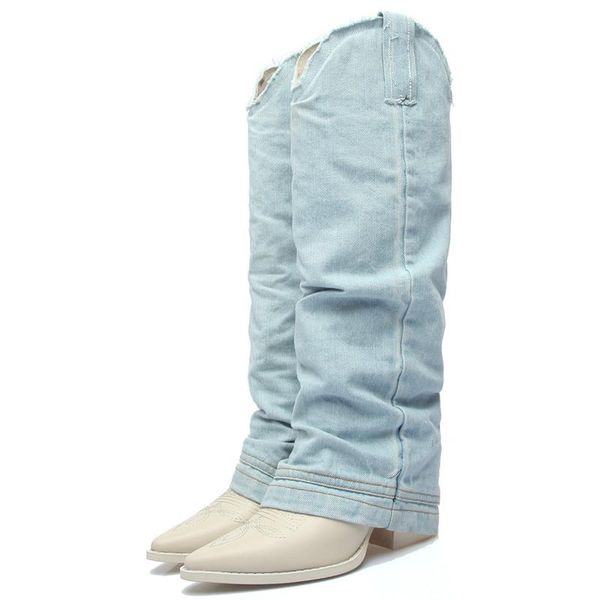 denim runway boots patchwork embroidery sewing knight boots women point toe square heel genuine leather unique pleated blue, Black
denim runway boots patchwork embroidery sewing knight boots women point toe square heel genuine leather unique pleated blue, Black