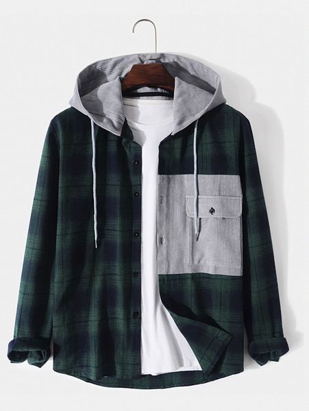 men plaid pocket patched drawstring hooded coat without tee 76fx#, Black;brown
men plaid pocket patched drawstring hooded coat without tee 76fx#, Black;brown
