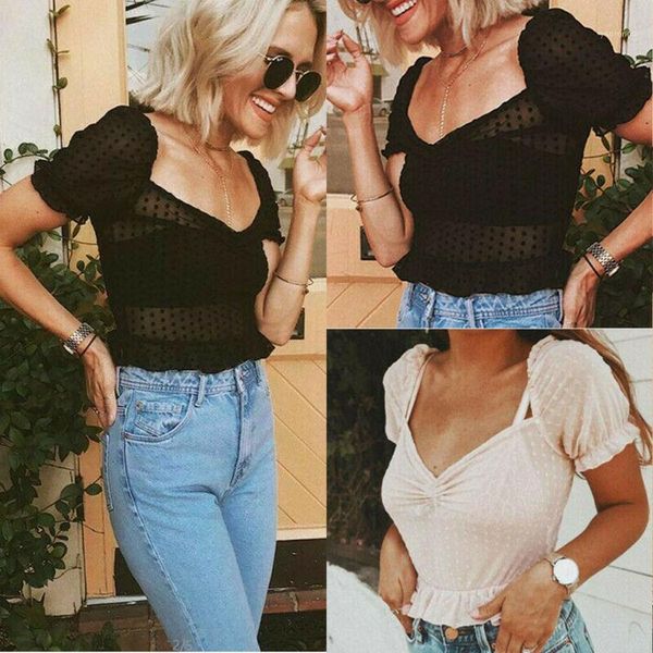 women mesh lace v neck sheer see-through crop tee t shirt crop 20201, White