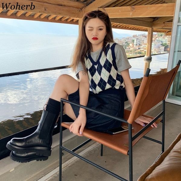 woherb vintage contrast color plaid sweater vest korean knit cropped pullovers coat v-neck sleeveless casual jumper tank h1211, White;black
woherb vintage contrast color plaid sweater vest korean knit cropped pullovers coat v-neck sleeveless casual jumper tank h1211, White;black