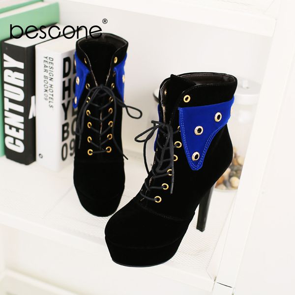 

boots bescone ladies mid-calf winter handmade lace-up mixed colors thin heel shoes women fashion microfiber warm bm276, Black