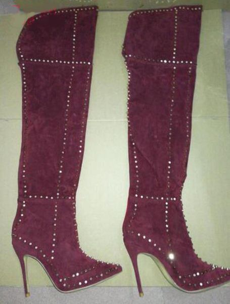 women pointed toe suede leather over knee spike high heel boots stiletto heel long rivet gladiator boots shoe, Black
women pointed toe suede leather over knee spike high heel boots stiletto heel long rivet gladiator boots shoe, Black