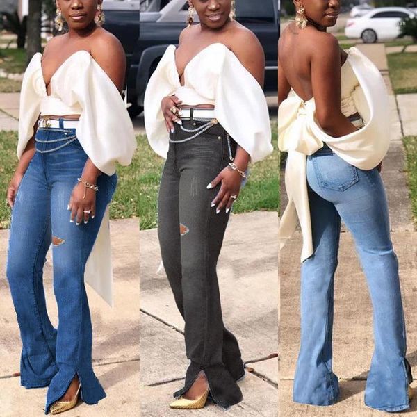 women casual jeans fashion washed distressed stretch skinny jeans office ladies denim pants hole flared pants1, Blue