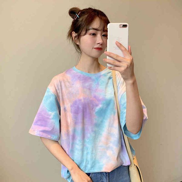 women t-shirt fashion sweet tie dye o neck short sleeve base shirt loose female t shirt woman clothing, White
women t-shirt fashion sweet tie dye o neck short sleeve base shirt loose female t shirt woman clothing, White