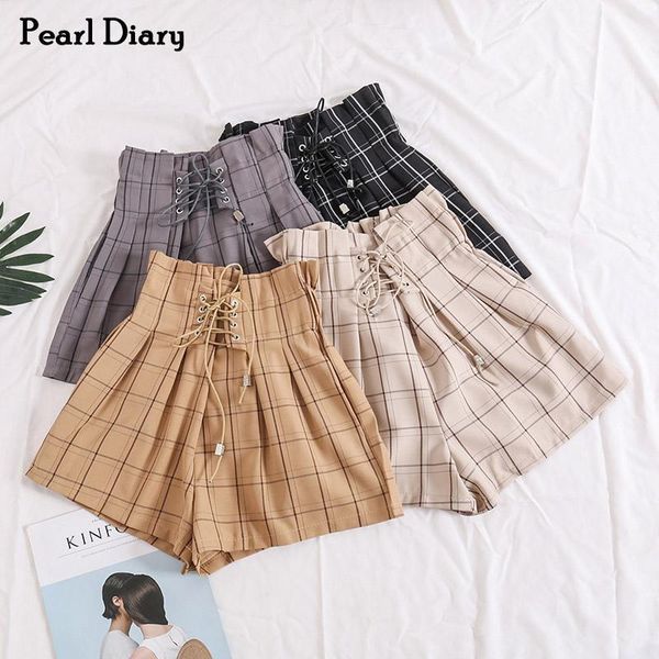 women's shorts pearl diary woven plaid short pant summer retro front lace up high waist wide leg check streetwear female, White;black
women's shorts pearl diary woven plaid short pant summer retro front lace up high waist wide leg check streetwear female, White;black