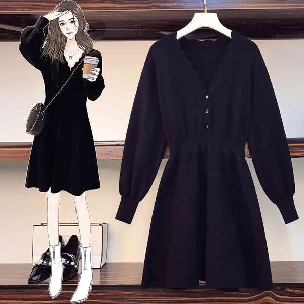 large size women's wear autumn and winter fat sister fashion gentle wind v-neck close waist thin sweater dress, Black
large size women's wear autumn and winter fat sister fashion gentle wind v-neck close waist thin sweater dress, Black