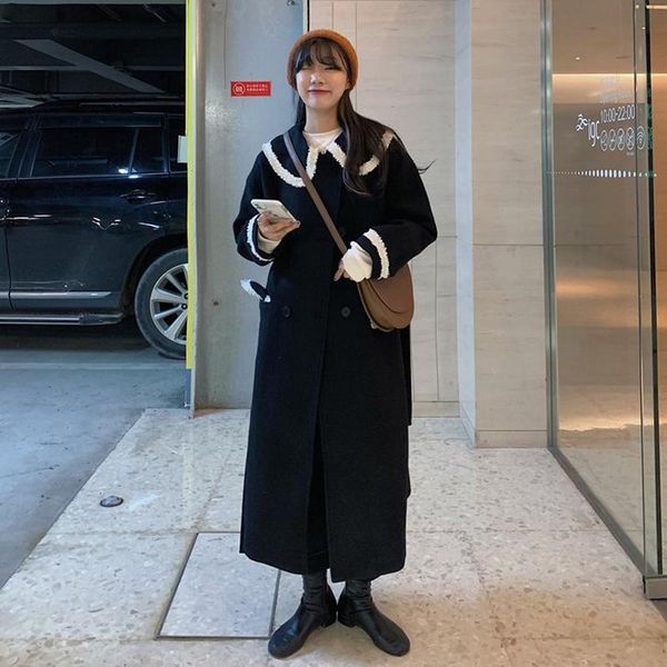 mid long double breasted loose woolen overcoat, Black
