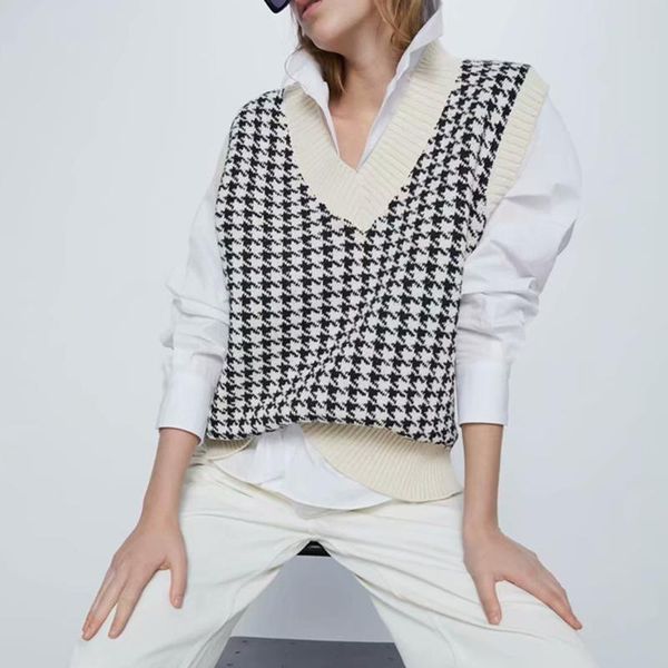 women's vests houndstooth loose knit vest plaid pullover casual fashion sweater sleeveless knitting spring fall, Black;white
women's vests houndstooth loose knit vest plaid pullover casual fashion sweater sleeveless knitting spring fall, Black;white