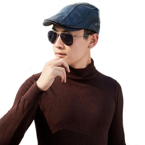 berets european and american trend leather men's peaked caps with perforated straps design, Blue;gray
berets european and american trend leather men's peaked caps with perforated straps design, Blue;gray