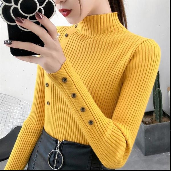 2021 women autumn knitted slim sweaters solid knitted female cotton soft elastic color pullovers button full sleeve turtleneck, White;black
2021 women autumn knitted slim sweaters solid knitted female cotton soft elastic color pullovers button full sleeve turtleneck, White;black