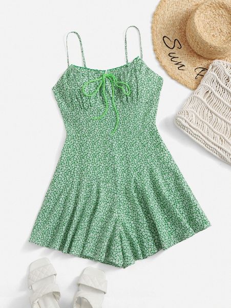 ditsy floral print tie front romper c29x#, White 
ditsy floral print tie front romper c29x#, White