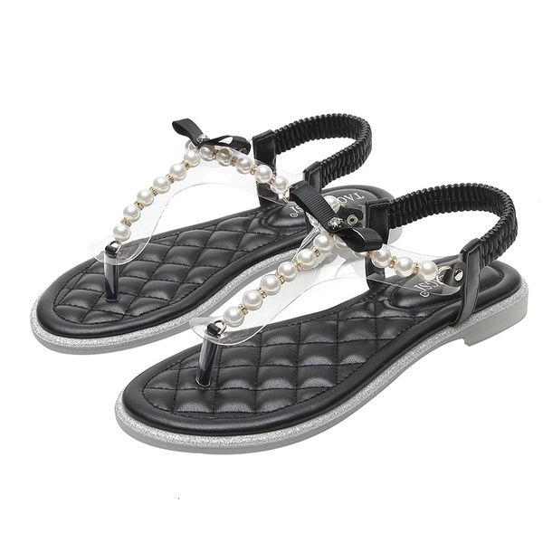 2021 transparent female summer wear new flat-bottomed sandals feminine roman pearls 2v2w, Black 
2021 transparent female summer wear new flat-bottomed sandals feminine roman pearls 2v2w, Black