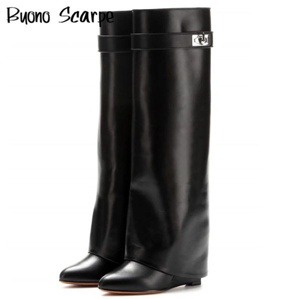 genuine leather boots shark lock metal decor belt knee high botas mujer wedges women's shoes pointed toe black fold designboots
genuine leather boots shark lock metal decor belt knee high botas mujer wedges women's shoes pointed toe black fold designboots