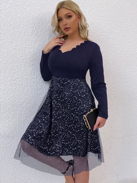 plus contrast mesh scallop trim a-line dress k3ni#, Black
plus contrast mesh scallop trim a-line dress k3ni#, Black