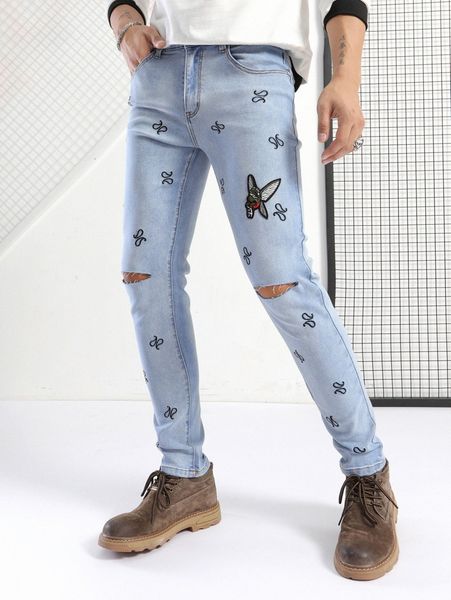 men frog patched skinny jeans l25x#, Blue