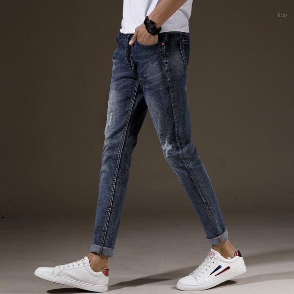 fashion men's jeans vintage skinny destroyed ripped streetwear jeans men hip hop printing elastic high street pencil pants1, Blue 
fashion men's jeans vintage skinny destroyed ripped streetwear jeans men hip hop printing elastic high street pencil pants1, Blue