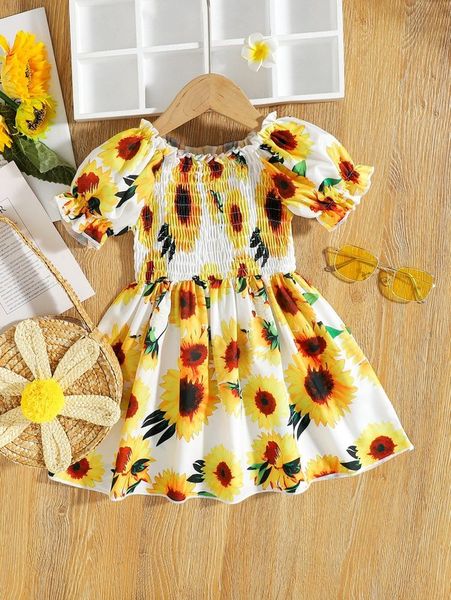 toddler girls allover sunflower shirred a-line dress she, Red;yellow