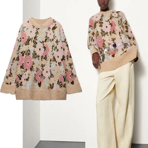 za 2021 floral jacquard oversize knit sweater women long sleeve o ne loose knitted femal vintage plus size winter pullover, Black
za 2021 floral jacquard oversize knit sweater women long sleeve o ne loose knitted femal vintage plus size winter pullover, Black