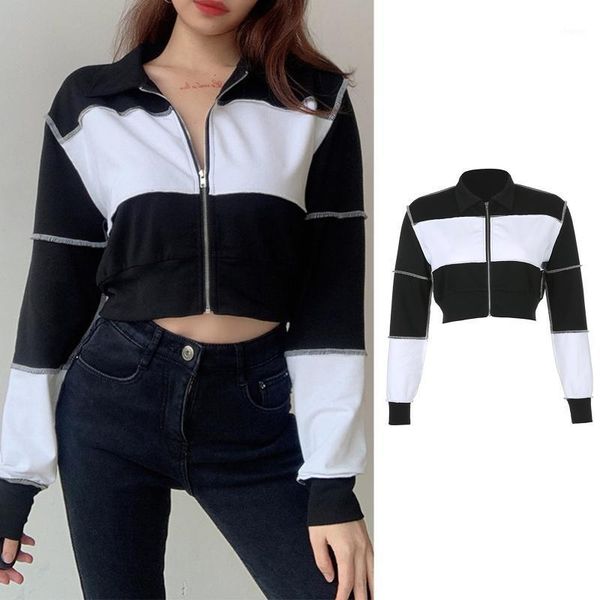 women long sleeve lapel zip up loose jacket black white color block cropped coat mxma1, Black;brown
women long sleeve lapel zip up loose jacket black white color block cropped coat mxma1, Black;brown