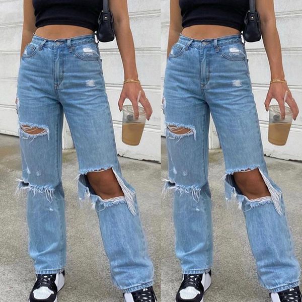 women's 2021 new fashion and high street solid color holes excoriation pocket high-waisted slimming straight jeans long trousers1, Blue
women's 2021 new fashion and high street solid color holes excoriation pocket high-waisted slimming straight jeans long trousers1, Blue