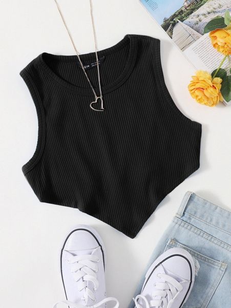 asymmetrical hem rib-knit crop tank i60e#, White