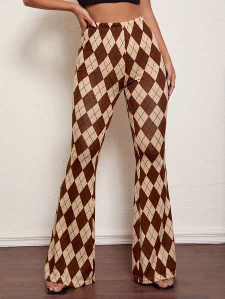 high waist argyle pattern flare leg pants j9y5#, Black;white
high waist argyle pattern flare leg pants j9y5#, Black;white
