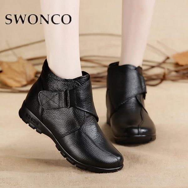 

swonco autumn boots women boots winter ankle genuine leather ladies hook-loop flat boot mommy retro anti-slippery winter shoes, Black
