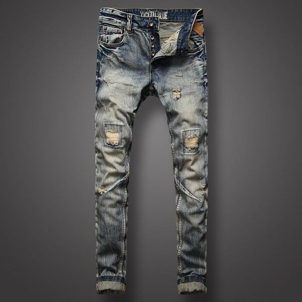 men's jeans italian style men fashion youth street biker retro vintage denim pants destroyed ripped homme, Blue
men's jeans italian style men fashion youth street biker retro vintage denim pants destroyed ripped homme, Blue