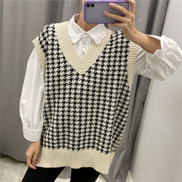 women sweet knitted vest waistcoat houndstooth sleeveless stretchy jacket female cute chic mujer 2020 lj201204, Black;white
women sweet knitted vest waistcoat houndstooth sleeveless stretchy jacket female cute chic mujer 2020 lj201204, Black;white